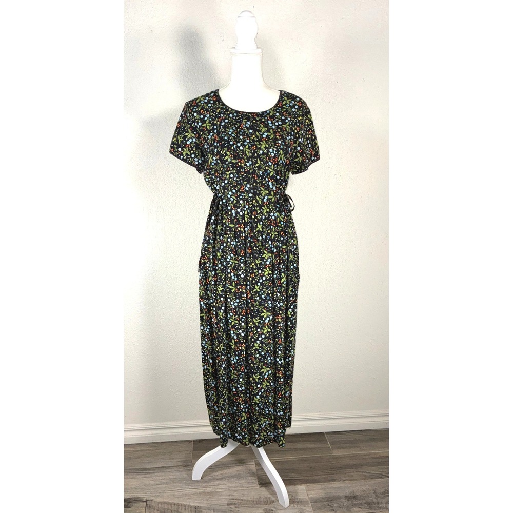 VINTAGE Liz Baker Floral Maxi Dress Black  Short Sleeve Tie Waist SIZE 10